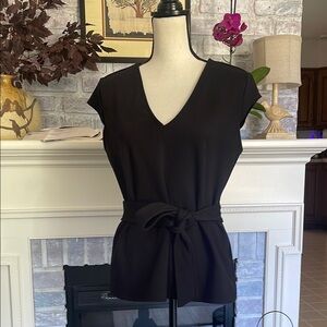 7th Ave New York & Co Design Studio Black Capped Sleeve Top with Attached Tie M